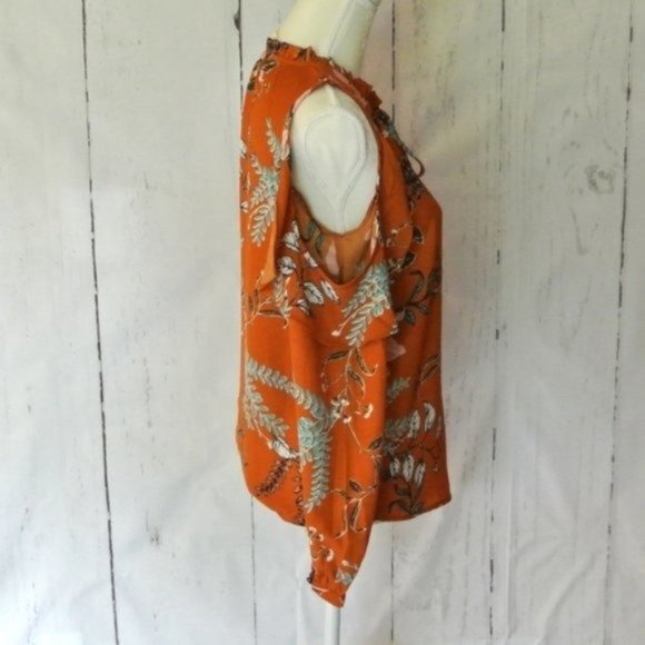 Japna Orange‎ Brown  Floral Blouse Cold Shoulder S - Picture 8 of 9